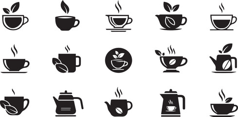 Collection of stylized black and white coffee and tea icons and symbols representing hot beverages and brewing