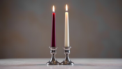 "Candlelit Promise": A focus on two identical, unlit, slender taper candles&mdash;one deep burgundy, one soft cream&mdash;standing side-by-side in elegant silver holders. Their wicks are almost touching.