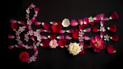 "Symphony of Petals": A beautiful still life of various delicate flower petals (e.g., rose, peony, cherry blossom) in shades of deep red, fuchsia, and ivory, meticulously arranged.