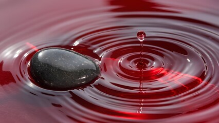 "Crimson Tide of Emotion": A dynamic close-up of a smooth, dark pebble being gently submerged into a pool of highly reflective, deep crimson liquid (like colored resin or oil). 