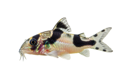 Panda Corydoras swimming gracefully in clear water, showcasing its vibrant colors and unique patterns