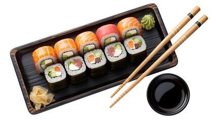 Delicious sushi rolls assortment with salmon and tuna served on a black tray on transparent background