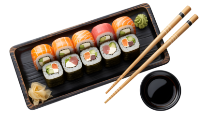 Delicious sushi rolls assortment with salmon and tuna served on a black tray on transparent background