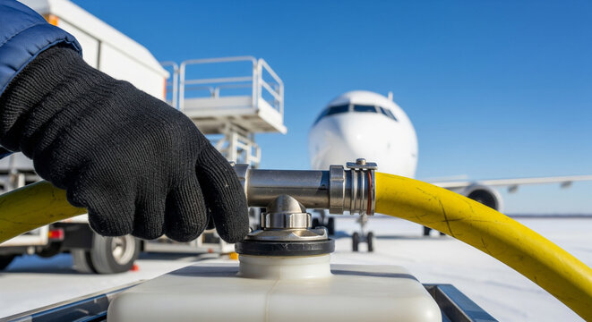 Worker connects bright yellow hose for de-icing fluid to a storage tank at an airport on a clear winter day