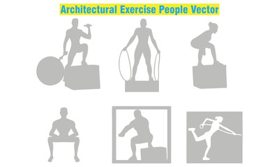 Architectural exercise people vector set featuring detailed silhouettes of men and women in various workout and fitness poses. Perfect for gym illustration, fitness concept design, body movement. 