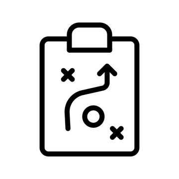 Strategy playbook clipboard icon, tactical plan route arrow outline