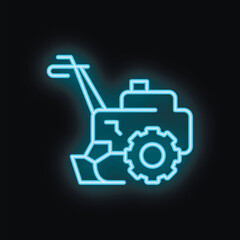 Blue glowing neon icon of cultivator tilling soil with gear symbol for settings, isolated on black background