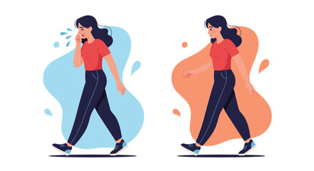 Woman walking, one image shows her sneezing and the other shows her walking normally.