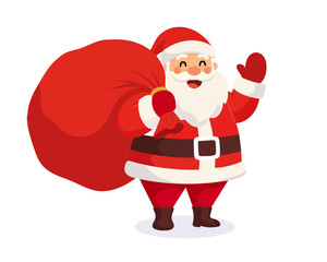 Cartoon Santa Claus bring with sack of gifts.