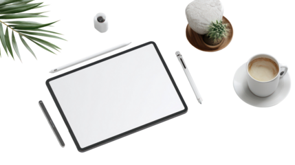Digital drawing tablet with stylus and coffee cup isolated on transparent background