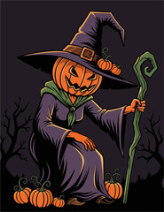 A spooky Halloween witch with a carved pumpkin head, wearing a purple robe and hat, holding a gnarled staff, surrounded by small pumpkins.