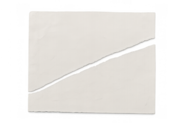 Blank paper sheet tearing diagonally, representing separation, division, and broken communication, with a transparent background