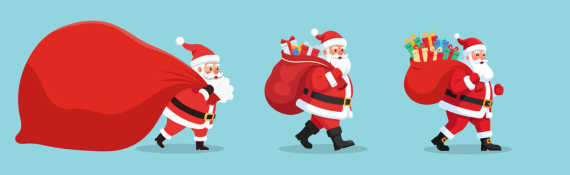 Cartoon Santa Claus bring with sack of gifts set Cute and festive holiday character bringing joy and magic for kids Vector illustration for greeting card, poster, sticker, winter celebration design