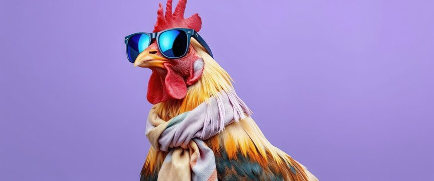 A colorful rooster wearing sunglasses and a scarf stands against a purple background. The rooster has vibrant feathers and a distinctive comb.