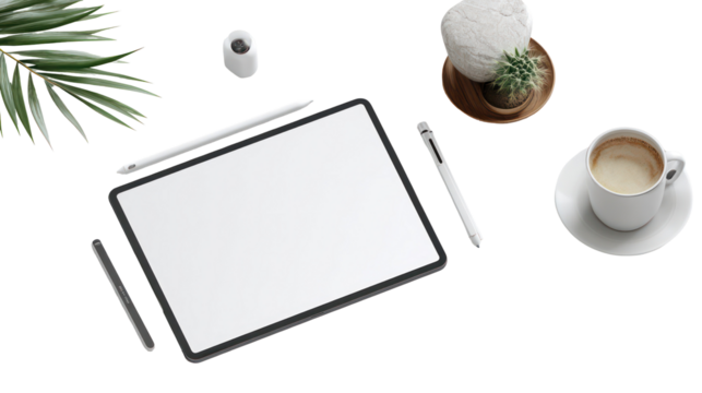 Digital drawing tablet with stylus and coffee cup isolated on transparent background