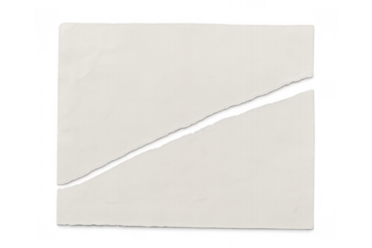 Blank paper sheet tearing diagonally, representing separation, division, and broken communication, with a transparent background