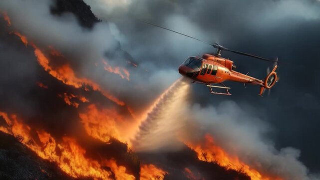 Aerial firefighting - helicopter drops water onto a large fire