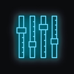 Neon blue icon of an audio mixing board with faders glowing on a black background