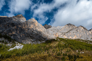 The rocky mountains and forest vegetation scenery of the Qinghai-Tibet Plateau region