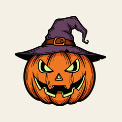 A spooky carved jack-o'-lantern pumpkin wearing a purple witch hat for Halloween.