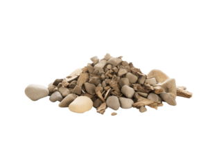 Assorted small stones and pebbles with varied textures and colors on transparent background
