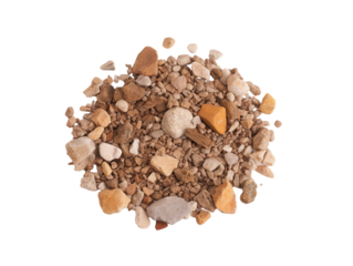 Close-up of diverse small stones and pebbles with natural earthy colors on transparent background