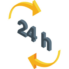 Twenty Four Hour Service Symbol With Yellow Arrows In A Circle Motion On White Background Representing Continuous Availability And Round The Clock Operations For Business