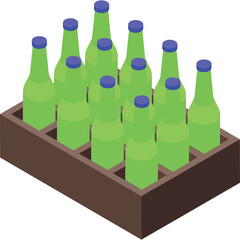 Twelve Green Glass Bottles Filled With Liquid In A Wooden Crate On A White Background