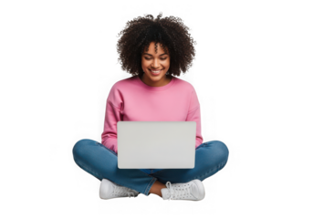 Young woman curly hair a laptop sitting crosslegged, isolated on transparent background