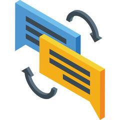 Two 3D Speech Bubbles Exchanging Messages With Circular Arrows In Blue And Yellow Colors Isolated On White Background Indicating Conversation And Communication