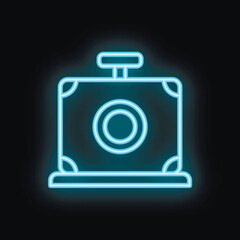 Blue neon icon of a vintage photo camera glowing on a black background