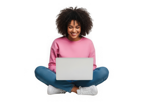 Young woman curly hair a laptop sitting crosslegged, isolated on transparent background