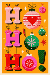Obraz premium Colorful holiday decorations with cheerful letters spelling ho ho ho displayed on a bright yellow background