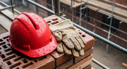 Construction safety still life with a red hard hat and work gloves on brick in the rain. Ideal for safety campaigns, construction projects, or labor day.  