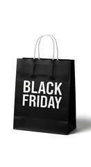 A sleek black shopping bag with “BLACK FRIDAY” written in bold white letters, standing on a smooth white surface with a white background.