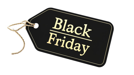 Black Friday promotional tag with gold cursive text on transparent background