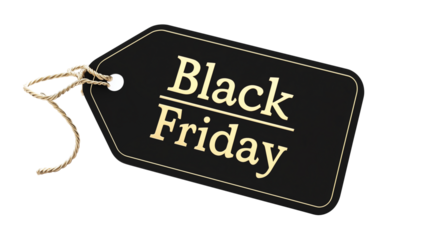 Black Friday promotional tag with gold cursive text on transparent background