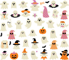 Cute Halloween ghost and pumpkin collection, cartoon witch hats, spooky bats, smiling ghosts, festive vector illustration, adorable holiday decoration art