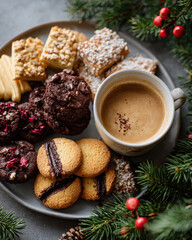 Festive Christmas cookies arranged on plate with cup of coffee, surrounded by pine branches and red berries, creating warm holiday atmosphere
