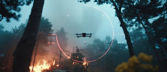 Aerial drone surveying smoke-filled forest landscape during wildfire crisis with advanced technology showcasing environmental monitoring and disaster response strategies
