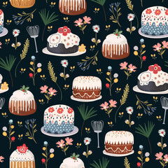 Decorative pattern featuring colorful cakes with flowers and baking tools on a dark background