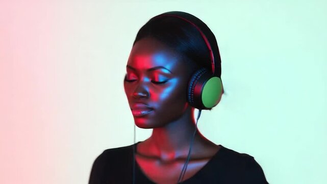 A woman wearing headphones and a black shirt, perfect for music enthusiasts or techies