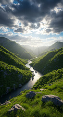 Valley of Light: A Stunning View of a Green Valley with a Flowing River Between Mountains Under a Cloudy Sky and Sun Rays
