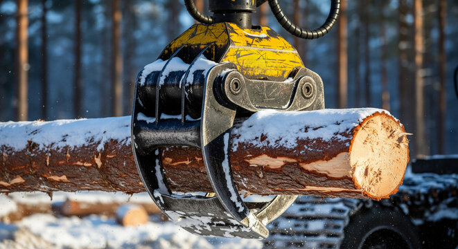 Macro view of a heavy-duty claw gripping a snow-covered log in a forest setting during winter