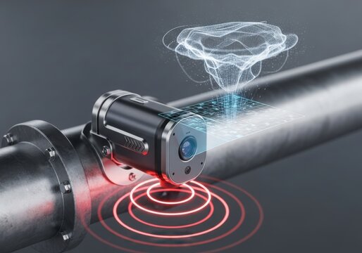 Futuristic pipe inspection device with sensor and digital wave visualization effect