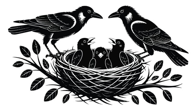 A black and white illustration of a bird family scene with two adult crows and three baby crows in their nest.  
