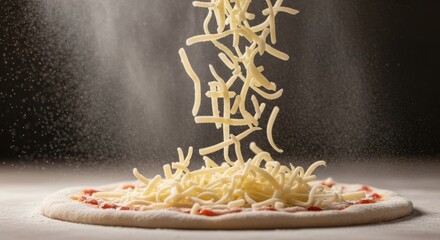 Shredded mozzarella cheese falling onto a pizza dough with tomato sauce against a dark background