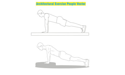 Architectural exercise people vector set featuring male and female silhouettes performing yoga, stretching, and workout poses. Perfect for fitness design, architectural drawings, gym posters.