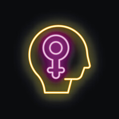 Neon sign representing the concept of feminism with a female symbol glowing inside a human head profile