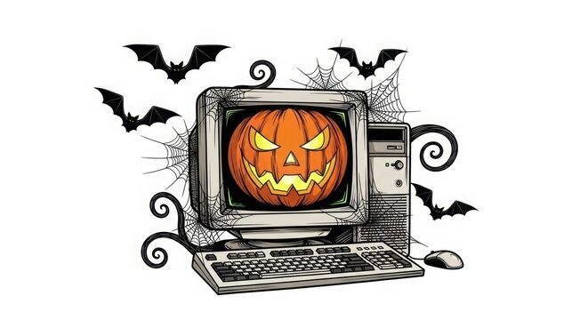Illustration of old computer with pumpkin face and bats for halloween - Powered by Adobe